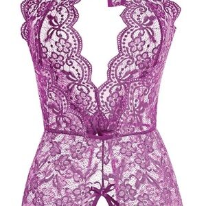 Purple Lace Chemise with Plunging Neckline and Scalloped Edges